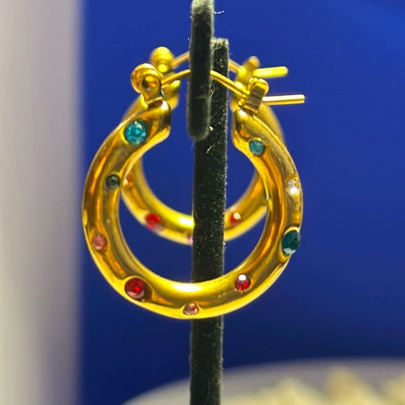 Hoop Earrings With Colored CZ Stones - Picture 5 of 5